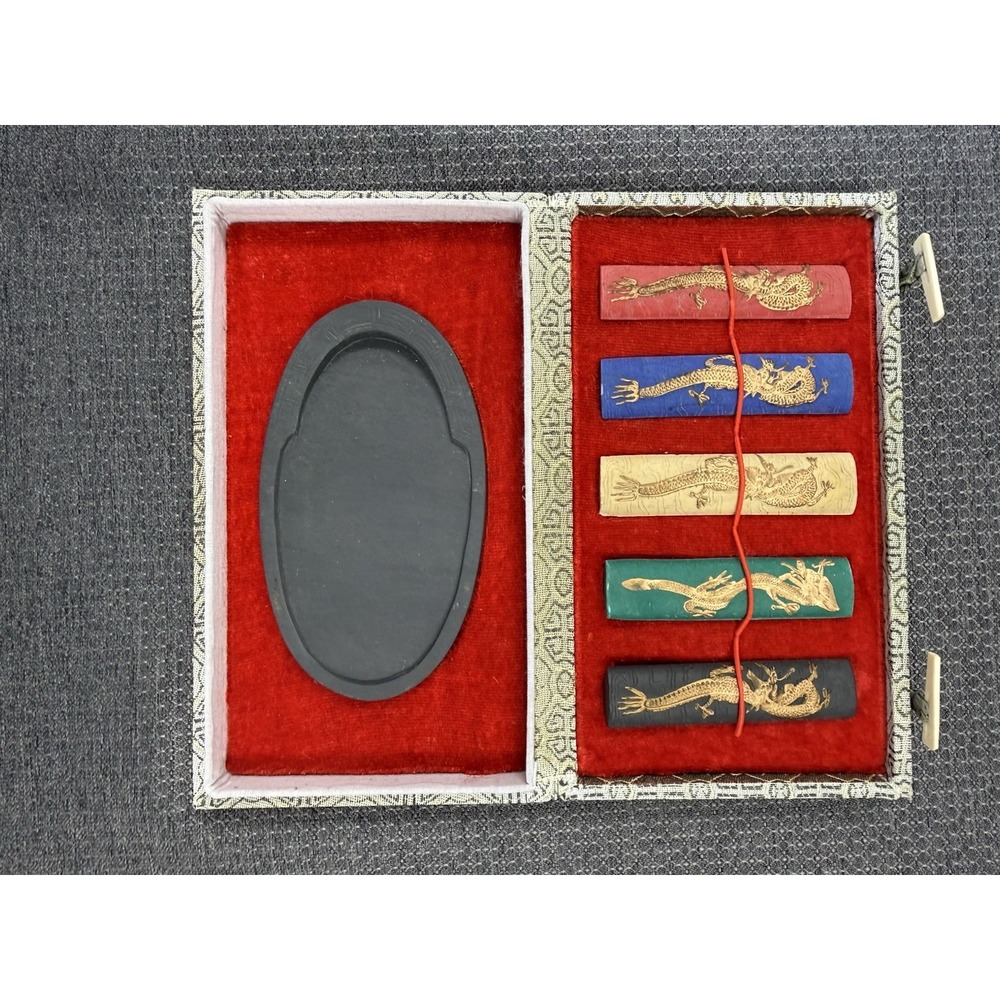 Vintage Chinese Calligraphy Ink Stone Set 5 Dragon Ink Sticks Silk Box Sumi Wr
